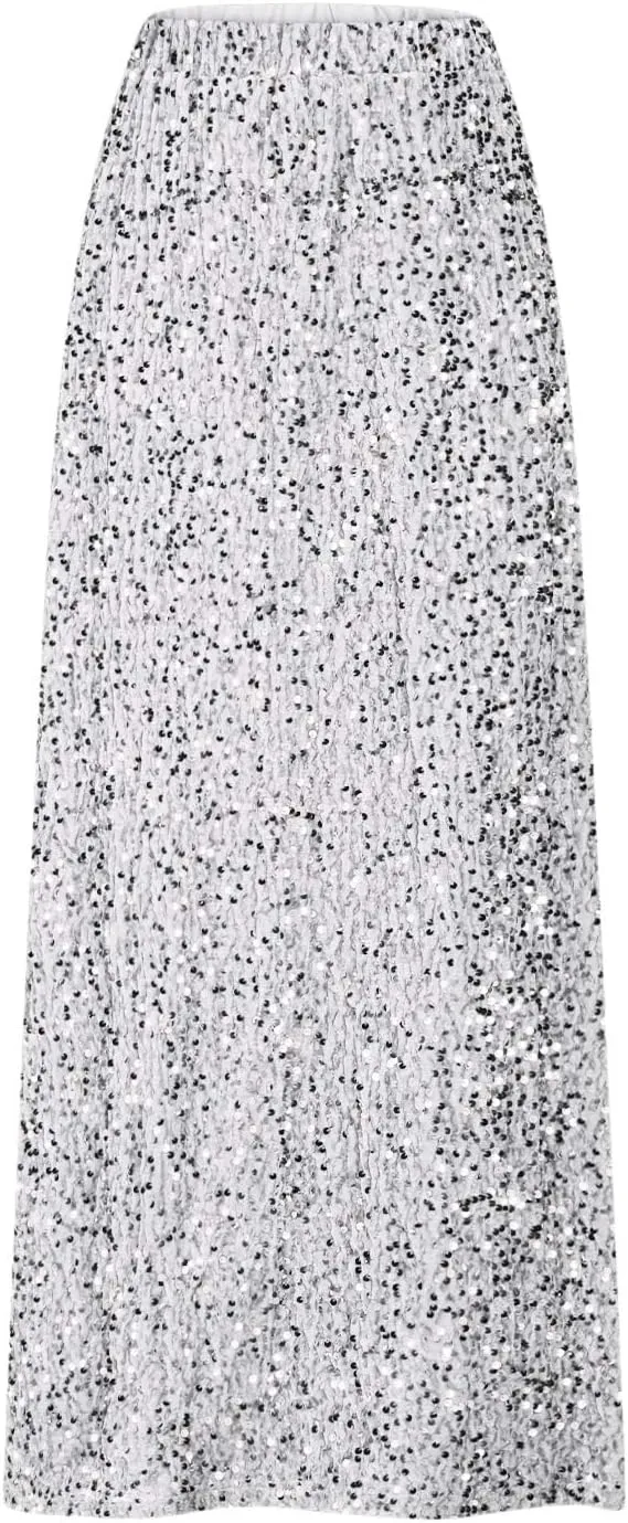 Women's Sequin Velvet Maxi Skirt Elastic High Waist Sparkle Cocktail Skirts Elegant Slim Fit Prom Party Pencil Skirt