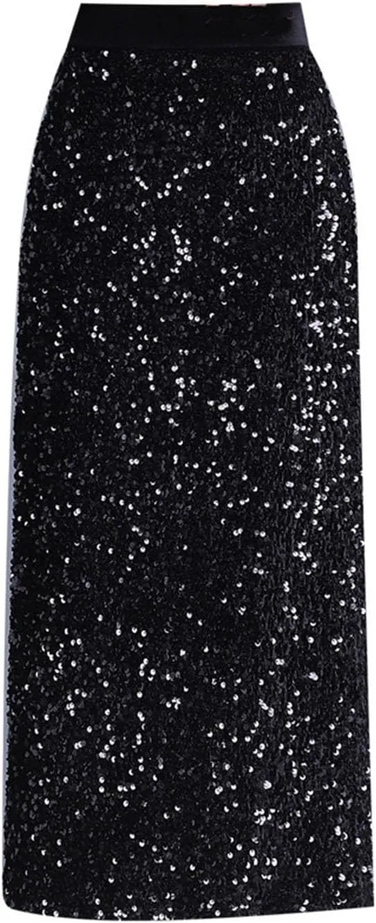 Womens Sequin Velvet Midi Skirt Elegant High Waist Sparkle Pencil Skirts Night Out Prom Cocktail Party Long Skirt