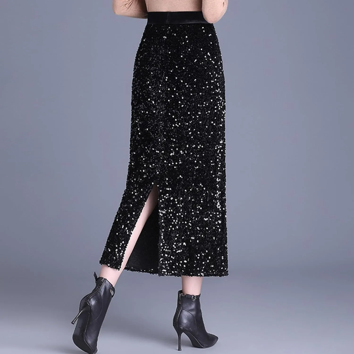 Womens Sequin Velvet Midi Skirt Elegant High Waist Sparkle Pencil Skirts Night Out Prom Cocktail Party Long Skirt