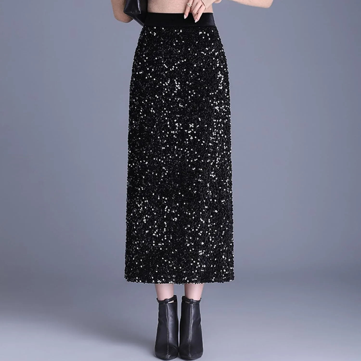 Womens Sequin Velvet Midi Skirt Elegant High Waist Sparkle Pencil Skirts Night Out Prom Cocktail Party Long Skirt