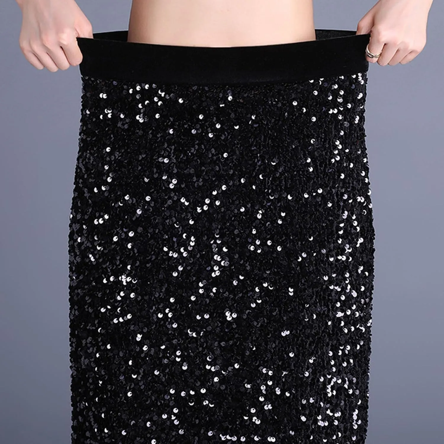 Womens Sequin Velvet Midi Skirt Elegant High Waist Sparkle Pencil Skirts Night Out Prom Cocktail Party Long Skirt