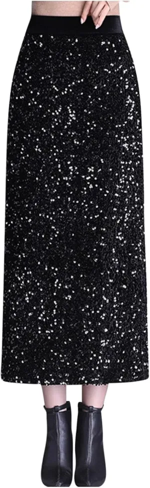 Womens Sequin Velvet Midi Skirt Elegant High Waist Sparkle Pencil Skirts Night Out Prom Cocktail Party Long Skirt