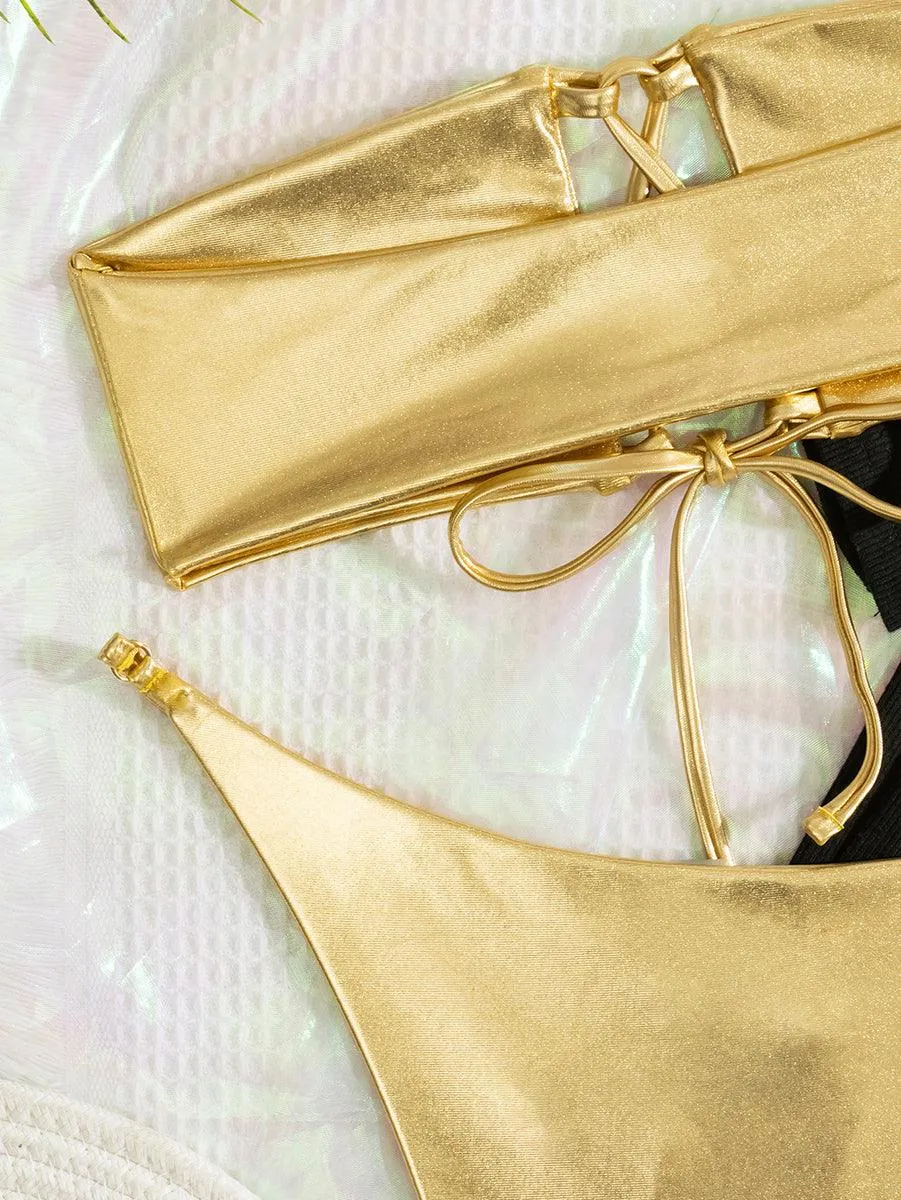 Women's Sexy Bandeau Bikini Set - Golden Stylish Swimwear