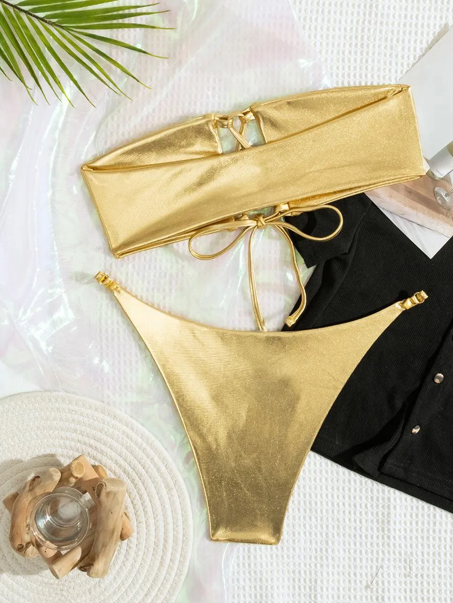 Women's Sexy Bandeau Bikini Set - Golden Stylish Swimwear