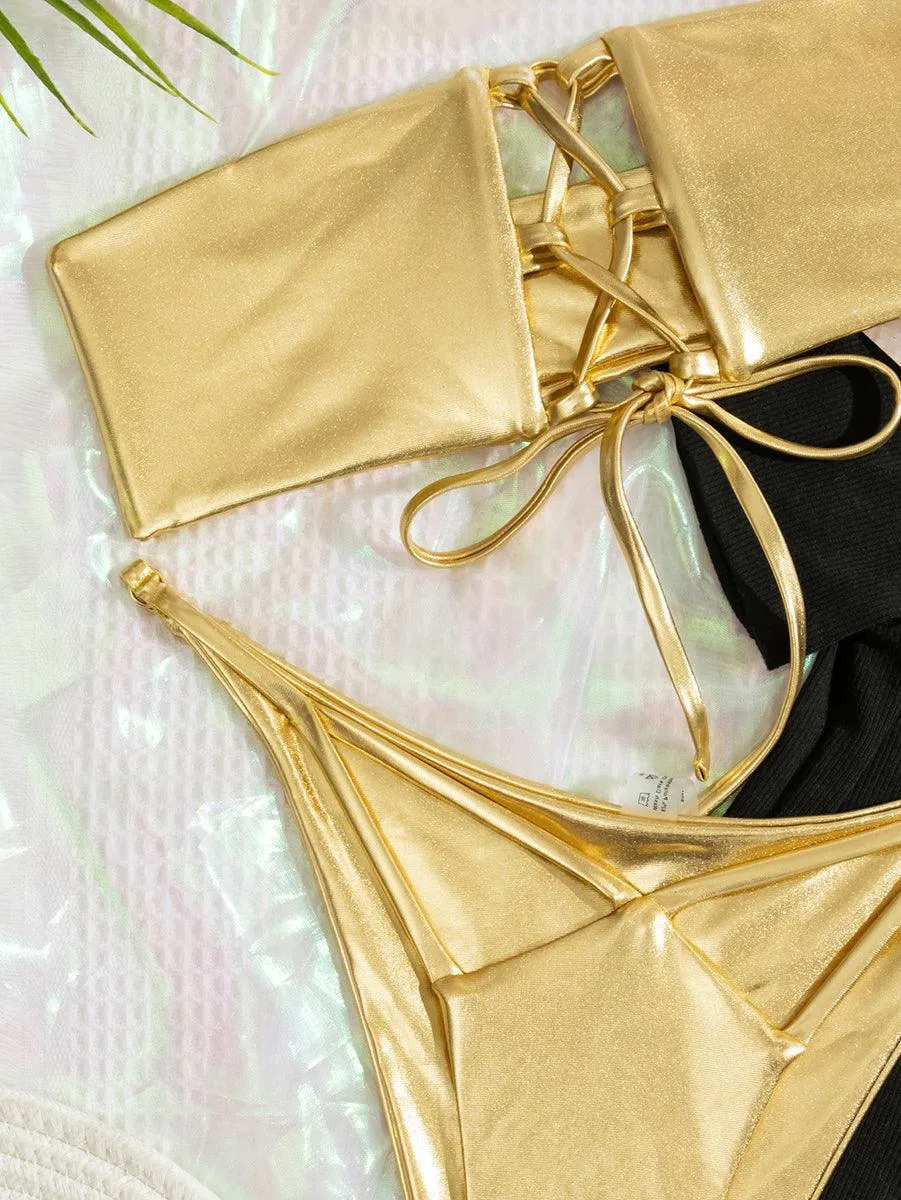 Women's Sexy Bandeau Bikini Set - Golden Stylish Swimwear