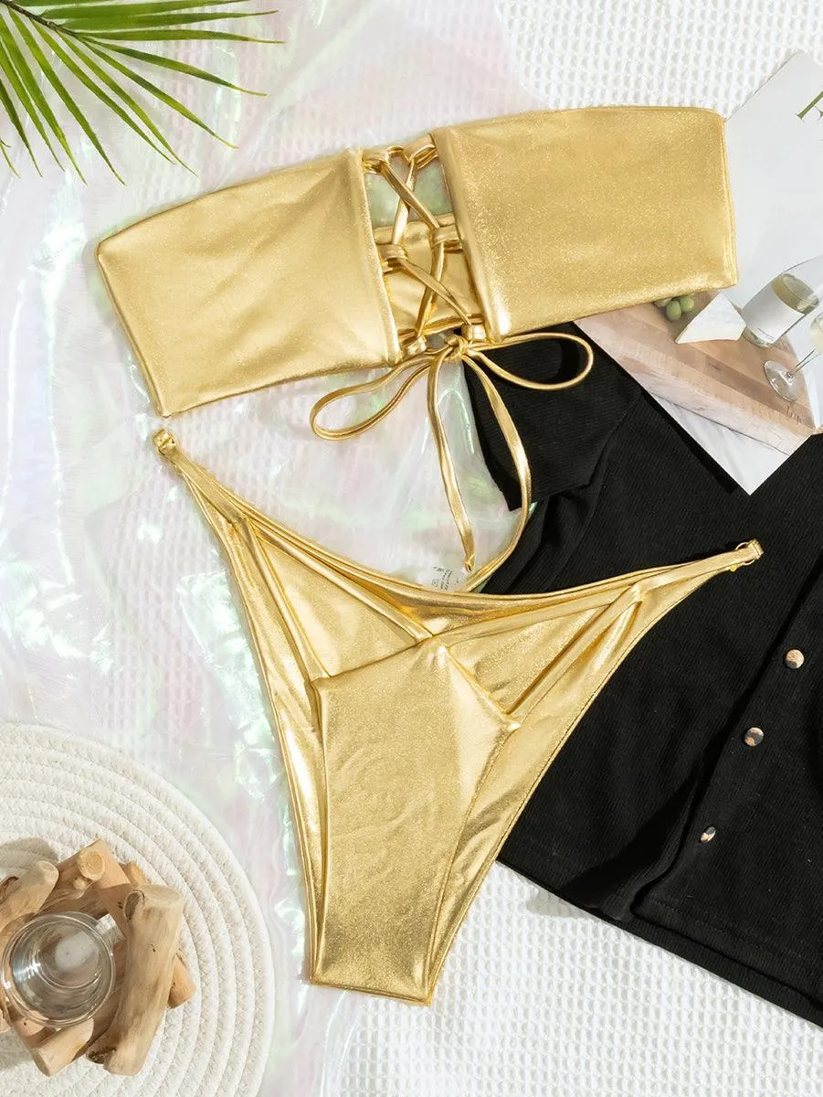 Women's Sexy Bandeau Bikini Set - Golden Stylish Swimwear