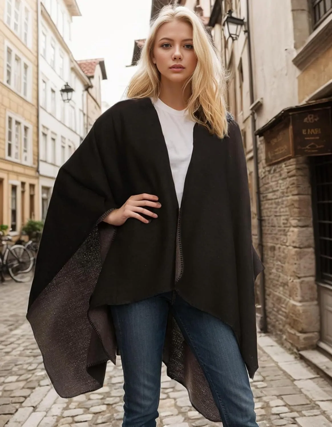 Women's Shawl Wraps Open Front Poncho Cape Oversized Sweaters Casual Cardigan Shawls for Fall Winter