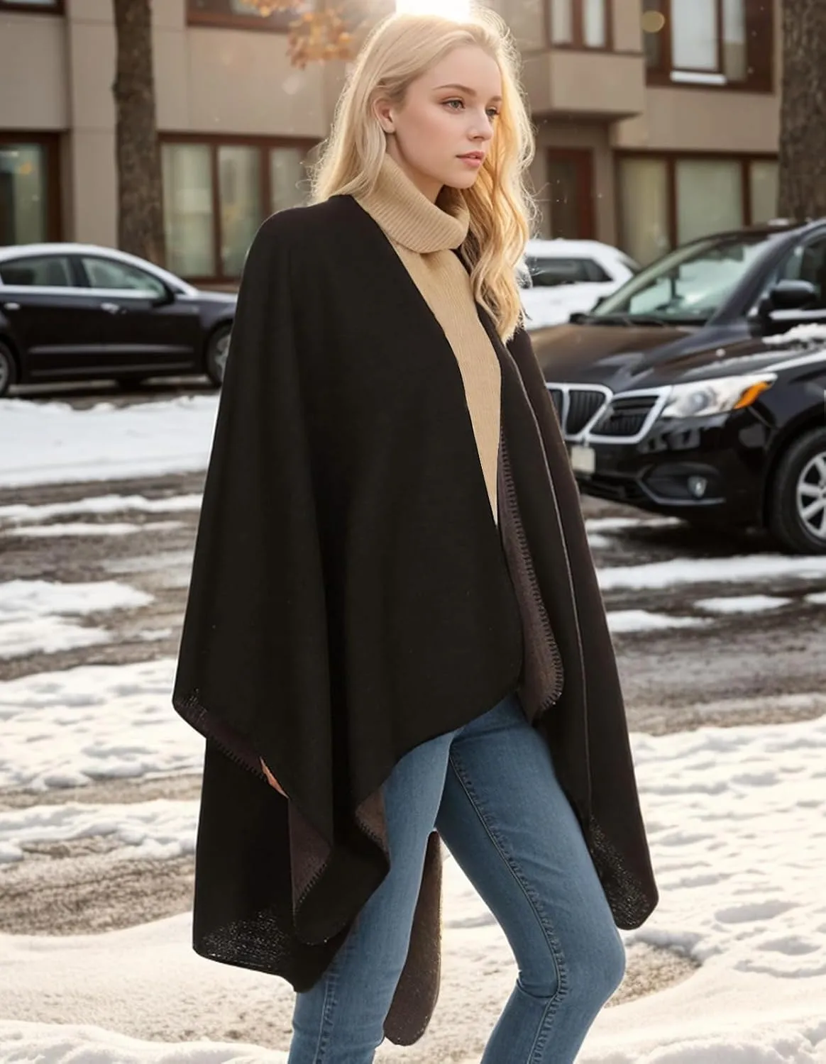 Women's Shawl Wraps Open Front Poncho Cape Oversized Sweaters Casual Cardigan Shawls for Fall Winter