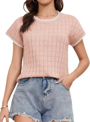 Womens Short Sleeve Sweater Crewneck Vest Tops Trendy Casual Crochet Sweaters for Women Spring Summer 2025