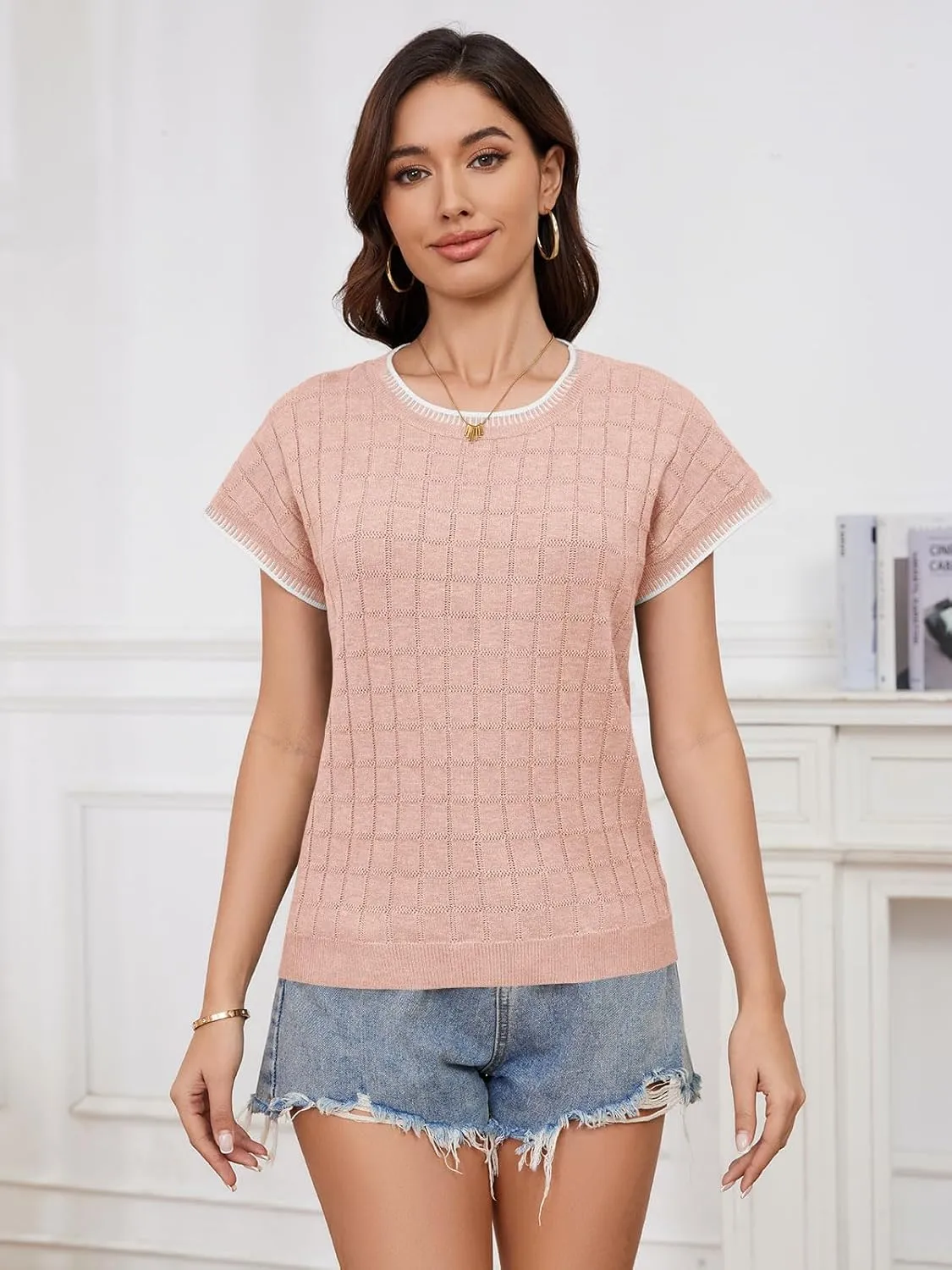 Womens Short Sleeve Sweater Crewneck Vest Tops Trendy Casual Crochet Sweaters for Women Spring Summer 2025