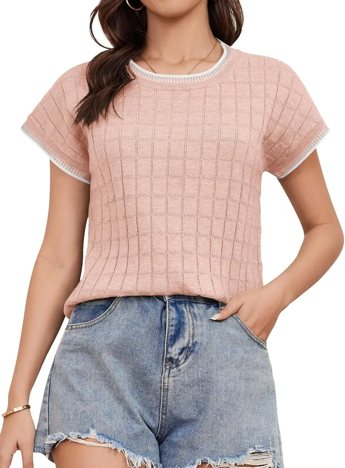 Womens Short Sleeve Sweater Crewneck Vest Tops Trendy Casual Crochet Sweaters for Women Spring Summer 2025
