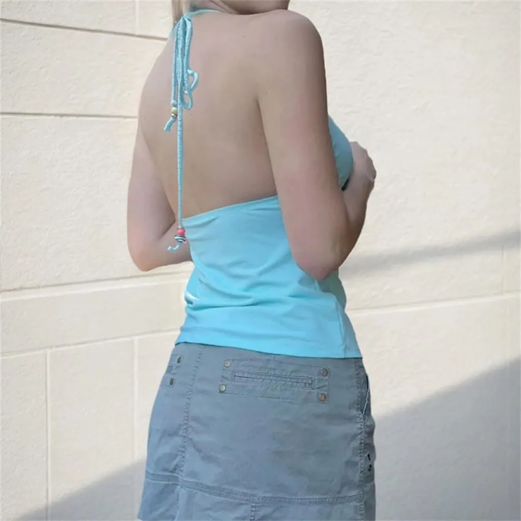 Women's Solid Color Casual V-Neck Beaded Stitching Slim Fit Beach Bohemian Camisole Top
