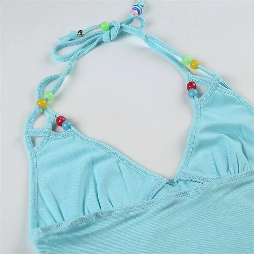 Women's Solid Color Casual V-Neck Beaded Stitching Slim Fit Beach Bohemian Camisole Top