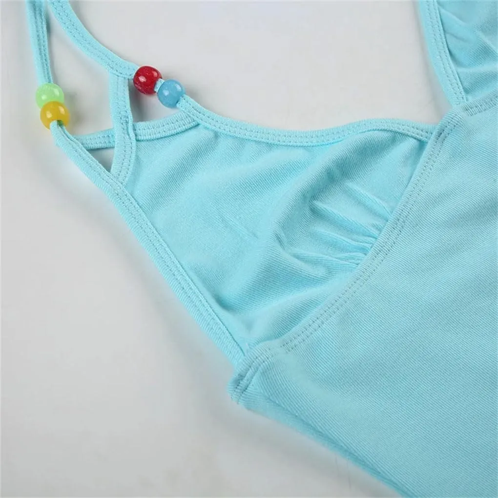 Women's Solid Color Casual V-Neck Beaded Stitching Slim Fit Beach Bohemian Camisole Top