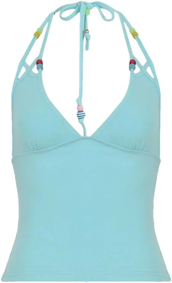 Women's Solid Color Casual V-Neck Beaded Stitching Slim Fit Beach Bohemian Camisole Top