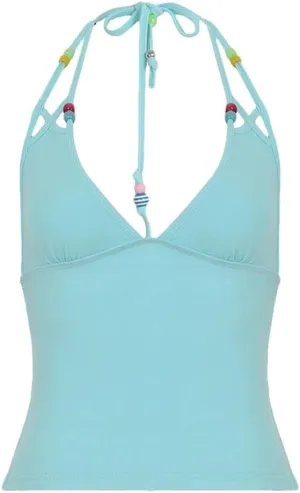Women's Solid Color Casual V-Neck Beaded Stitching Slim Fit Beach Bohemian Camisole Top