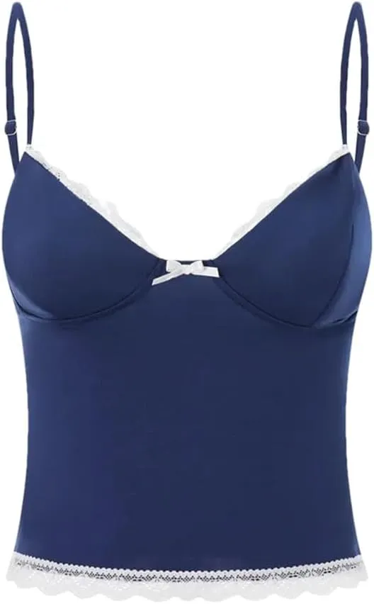 Women's Solid Color Casual V-Neck Lace Bow Stitching Slim Fit Camisole Top