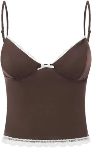 Women's Solid Color Casual V-Neck Lace Bow Stitching Slim Fit Camisole Top