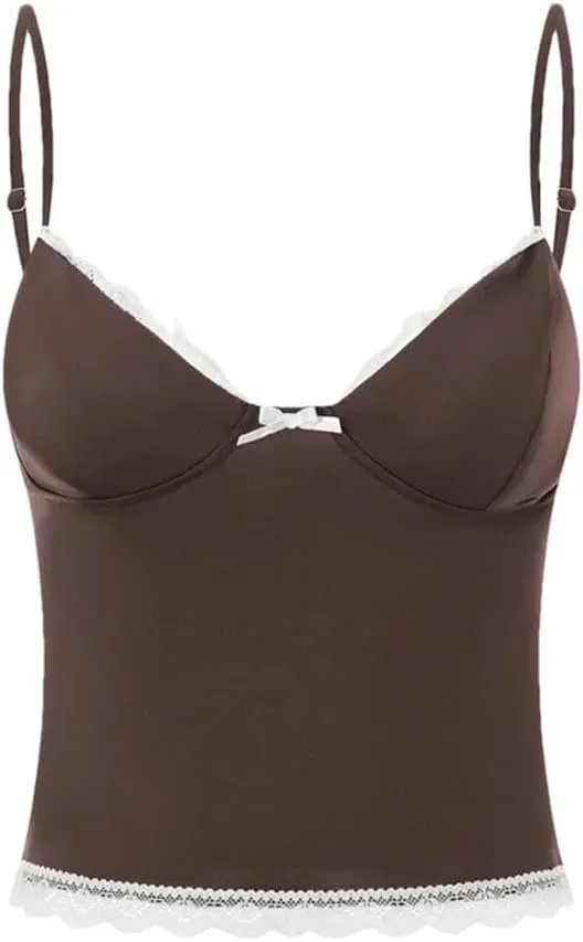 Women's Solid Color Casual V-Neck Lace Bow Stitching Slim Fit Camisole Top