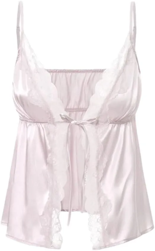 Women's Solid Color Casual V-Neck Lace Hollow Satin Home Camisole Top
