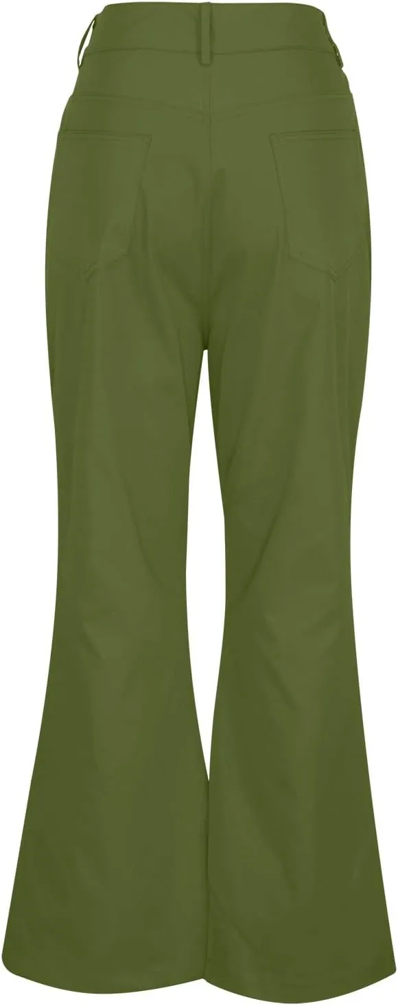 Women's Solid Flared Casual Trousers High Waist Button Slim Fit Bell Bottom Pants Spring Fashion Lightweight Business Pant