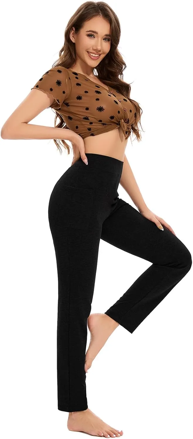 Women's Straight Leg Yoga Pants with Pockets, High Waist Tummy Control Slim Fit Lounge Workout Pants