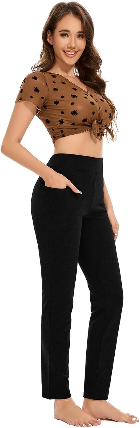 Women's Straight Leg Yoga Pants with Pockets, High Waist Tummy Control Slim Fit Lounge Workout Pants