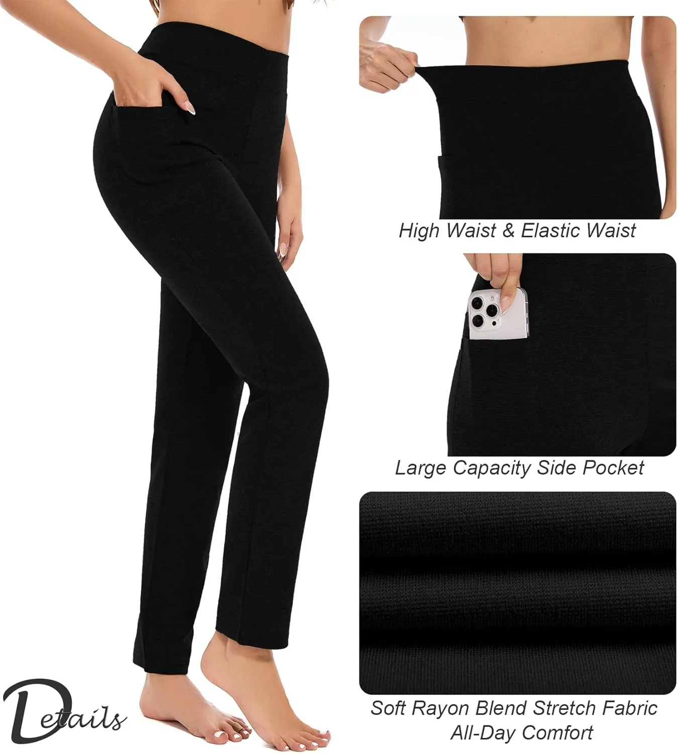 Women's Straight Leg Yoga Pants with Pockets, High Waist Tummy Control Slim Fit Lounge Workout Pants