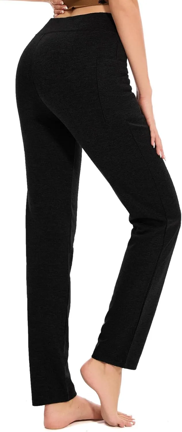 Women's Straight Leg Yoga Pants with Pockets, High Waist Tummy Control Slim Fit Lounge Workout Pants