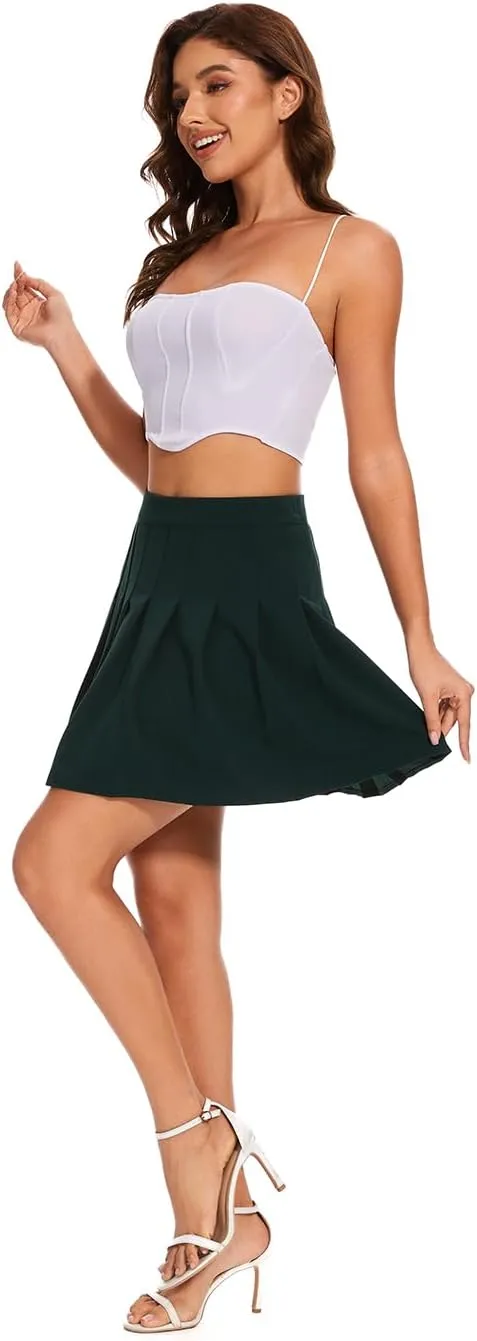 Womens Stretchy Pleated Mini Skirt Comfort High Waist Cheerleader School Uniform Skirt