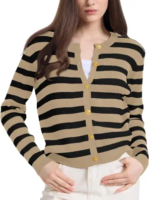 Women's Striped Cardigan Sweaters Lady Jackets Button Down Cropped Knit Coat Oufits Trendy Outerwear