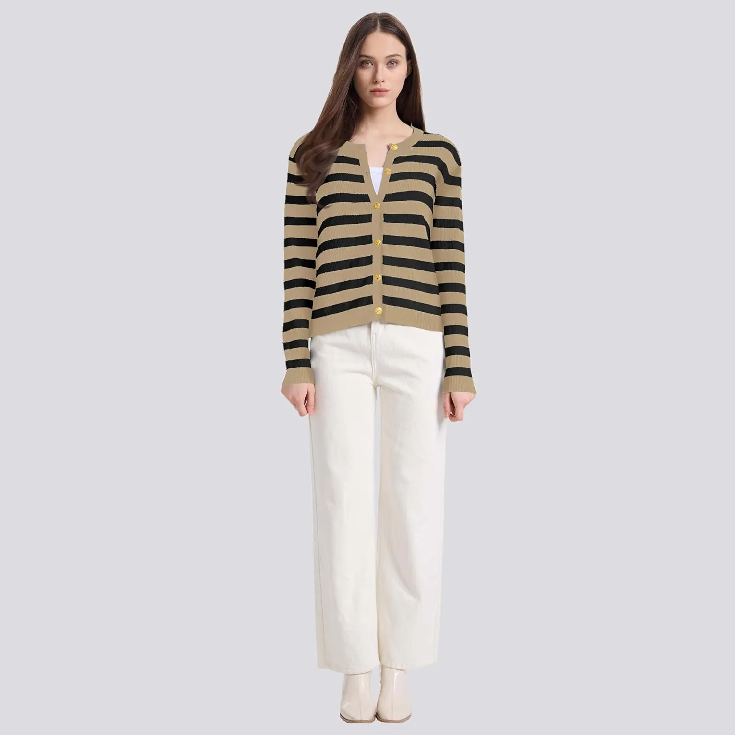 Women's Striped Cardigan Sweaters Lady Jackets Button Down Cropped Knit Coat Oufits Trendy Outerwear