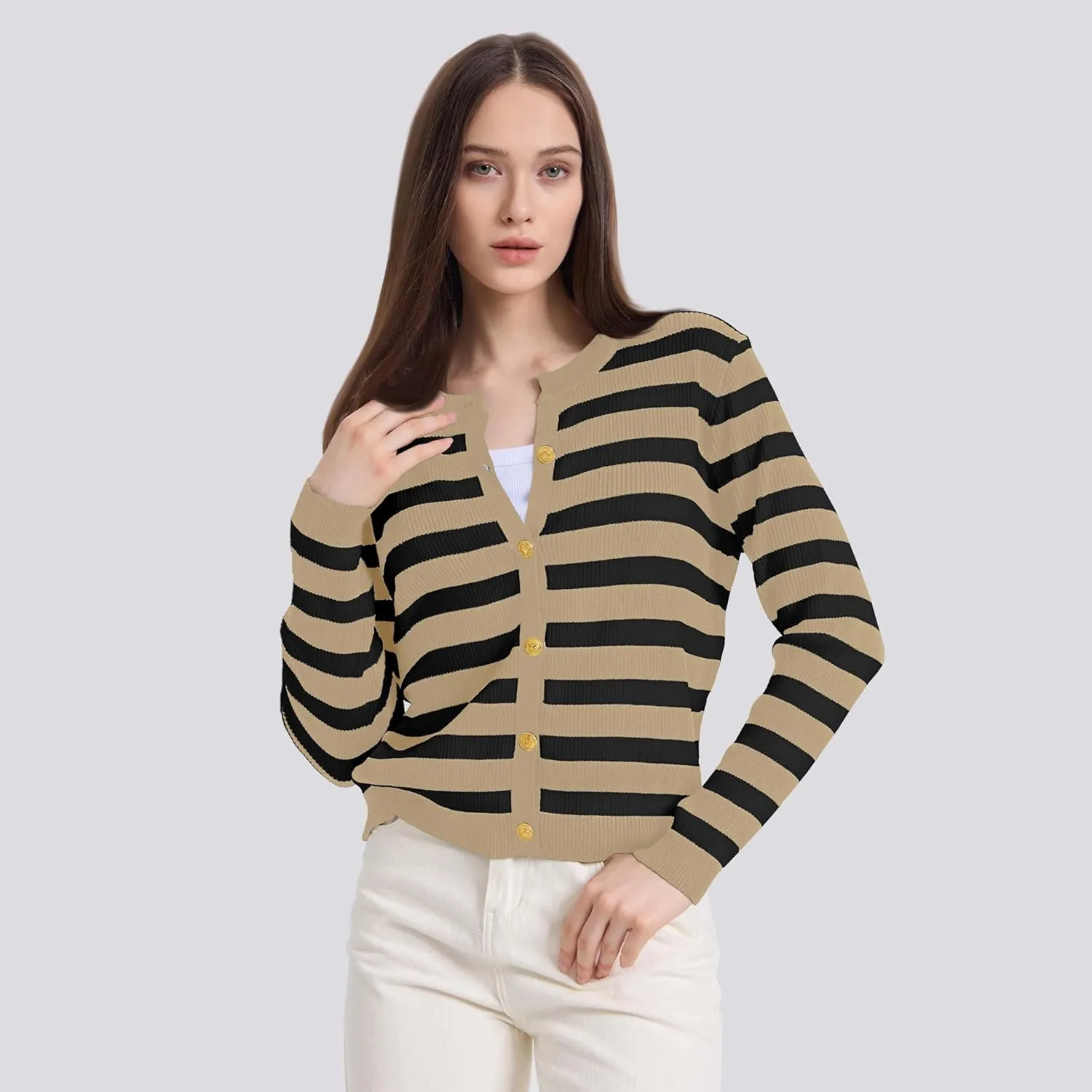 Women's Striped Cardigan Sweaters Lady Jackets Button Down Cropped Knit Coat Oufits Trendy Outerwear