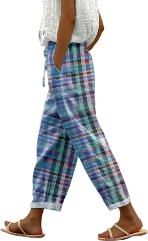 Womens Stylish Loose Fit Colorful Plaid Pants Wide-Leg Style with Pockets 2025 Fashion Outfits