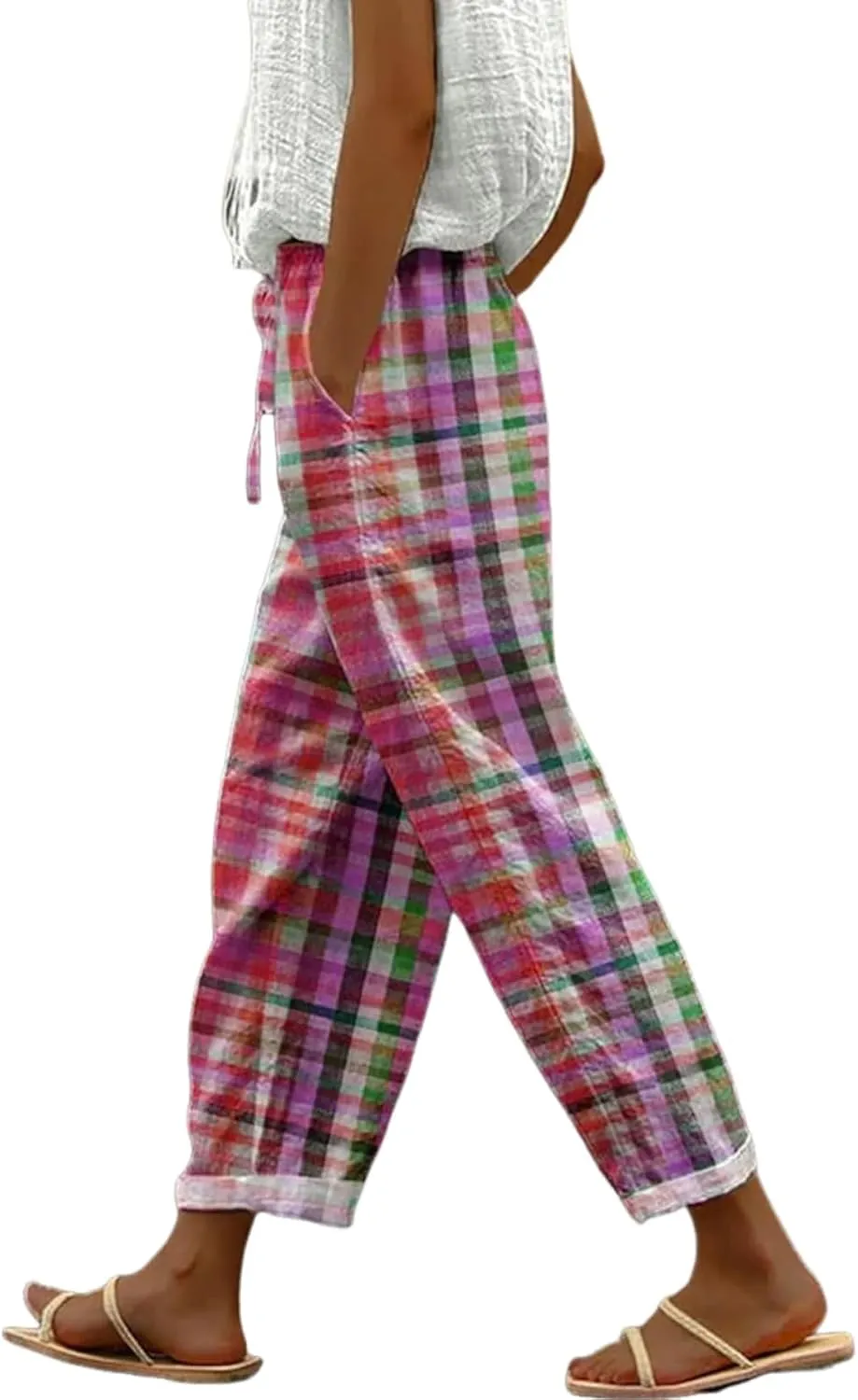 Womens Stylish Loose Fit Colorful Plaid Pants Wide-Leg Style with Pockets 2025 Fashion Outfits