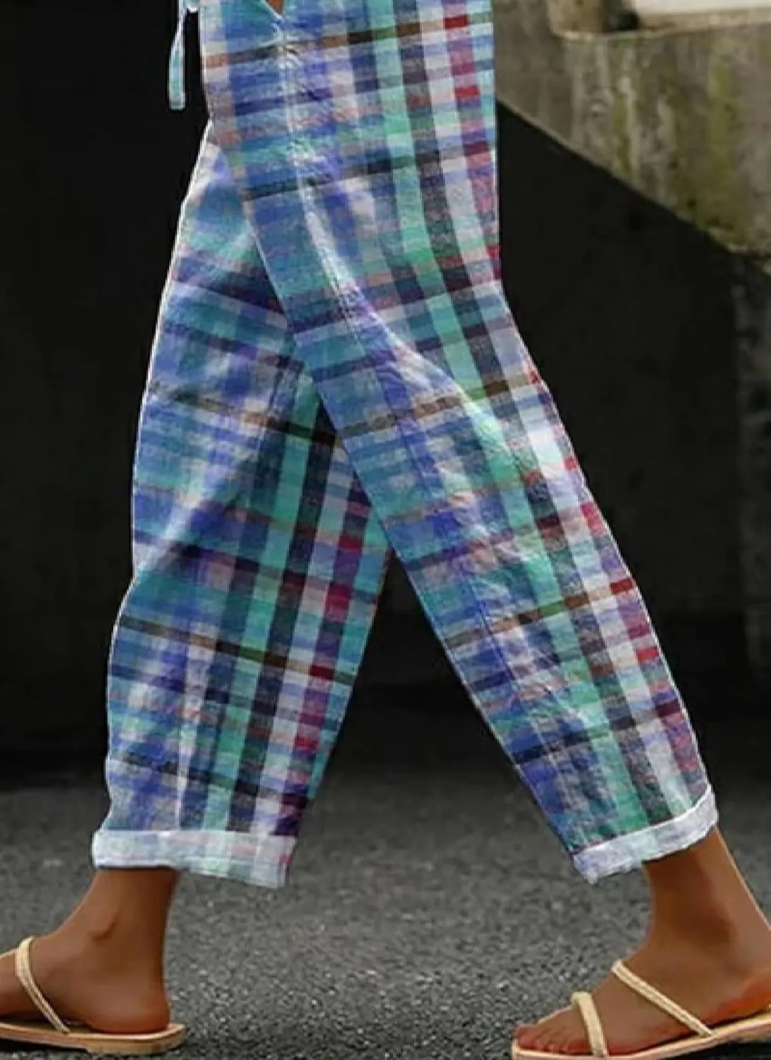 Womens Stylish Loose Fit Colorful Plaid Pants Wide-Leg Style with Pockets 2025 Fashion Outfits