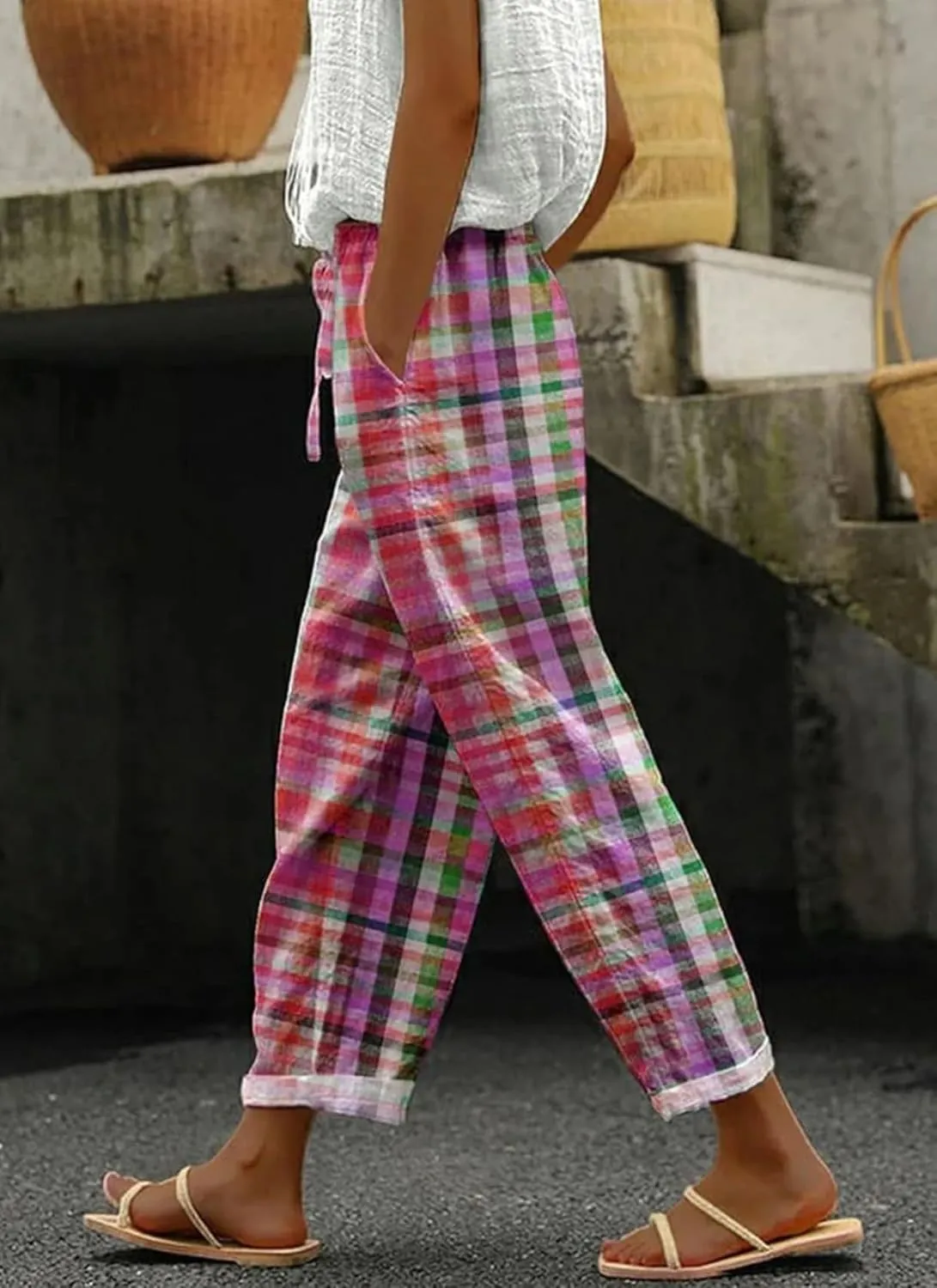 Womens Stylish Loose Fit Colorful Plaid Pants Wide-Leg Style with Pockets 2025 Fashion Outfits