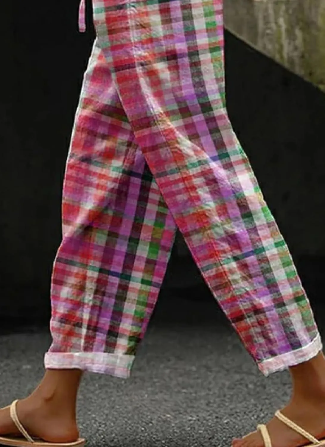 Womens Stylish Loose Fit Colorful Plaid Pants Wide-Leg Style with Pockets 2025 Fashion Outfits
