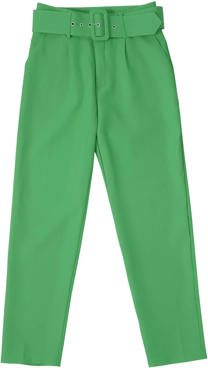 Womens Stylish Y2K High Waist Belt Trousers Casual Lightweight Cotton Linen Cropped Pant with Pockets for Spring Fall