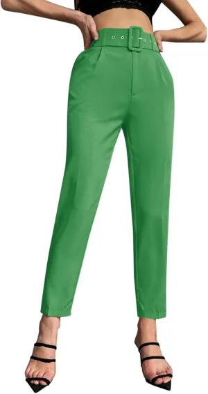 Womens Stylish Y2K High Waist Belt Trousers Casual Lightweight Cotton Linen Cropped Pant with Pockets for Spring Fall