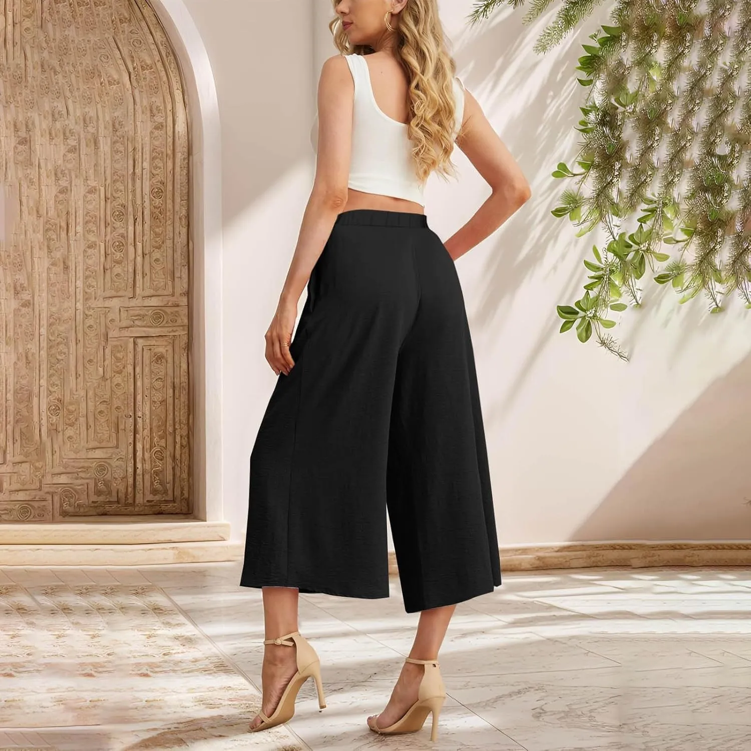 Womens Summer 3/4 Pants Flowy High Waisted Loose Casual Lounge Pant Wide Leg Palazzo Capris Adjustable Pockets S-XXL