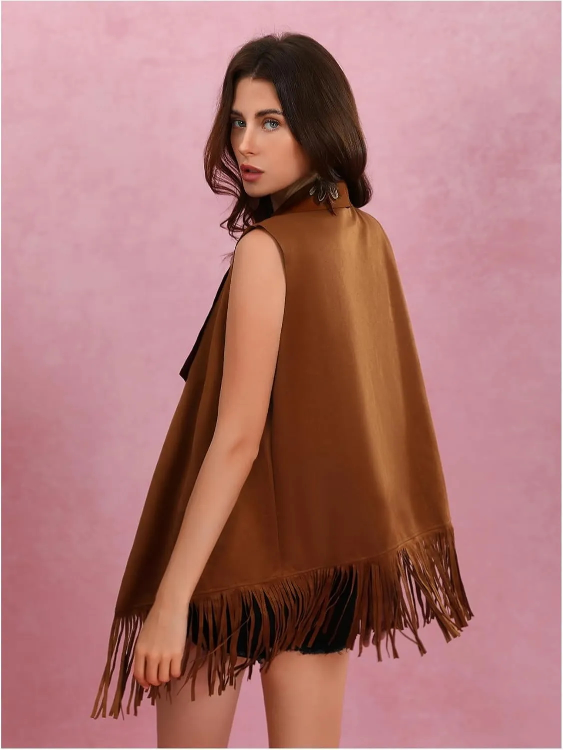 Women's Tassel Vest 70s Hippie Faux Jacket Suede Hippie Fringe Hem Sleeveless Boho Cowgirl Vest Jacket