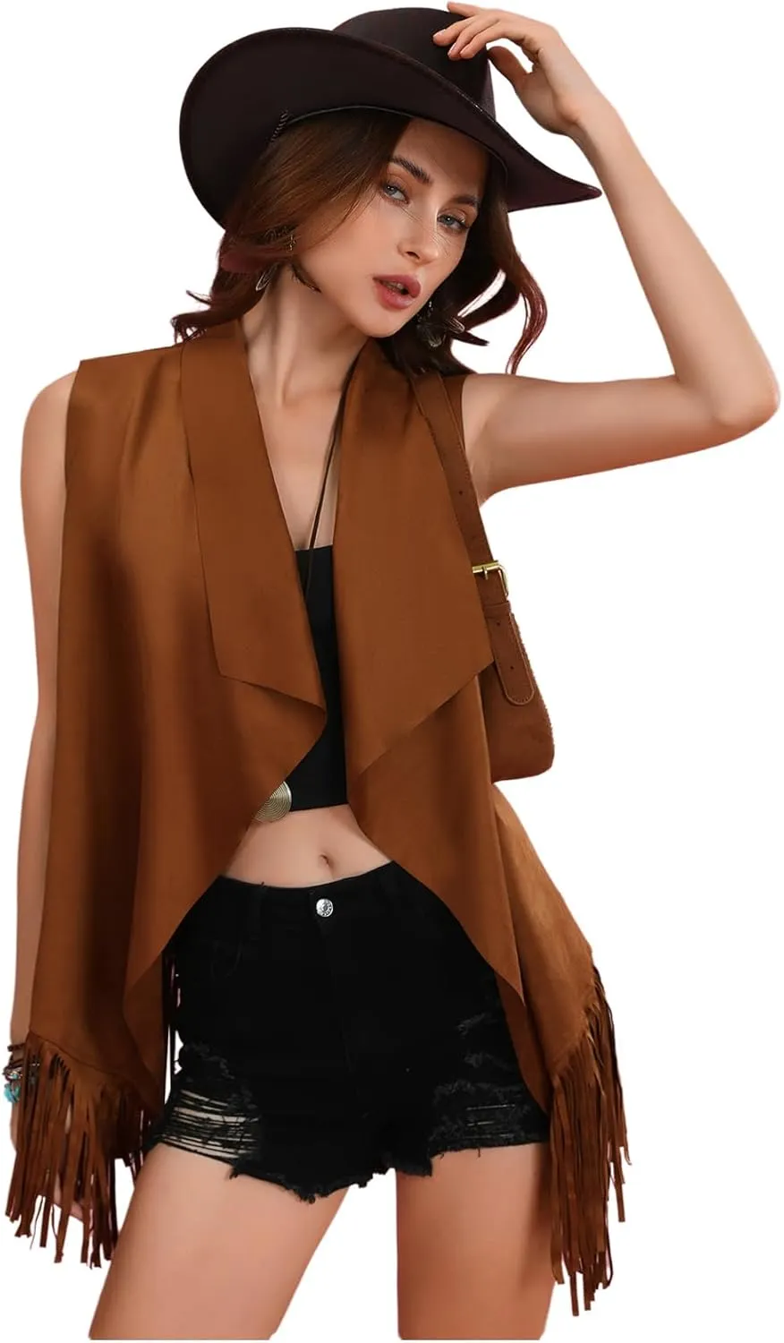 Women's Tassel Vest 70s Hippie Faux Jacket Suede Hippie Fringe Hem Sleeveless Boho Cowgirl Vest Jacket