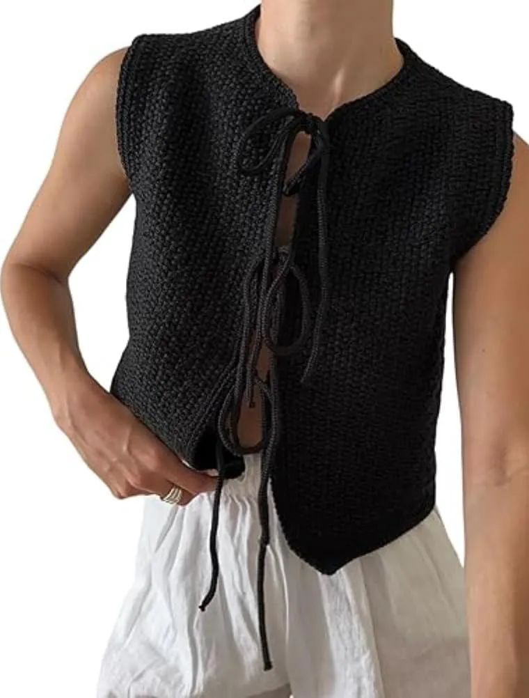 Women's Trendy Tie Front Vest Top Casual Crochet Sweater Vest Sleeveless Crew Neck Open Front Knit Y2k Cardigan