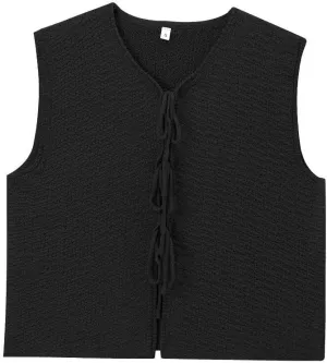 Women's Trendy Tie Front Vest Top Casual Crochet Sweater Vest Sleeveless Crew Neck Open Front Knit Y2k Cardigan