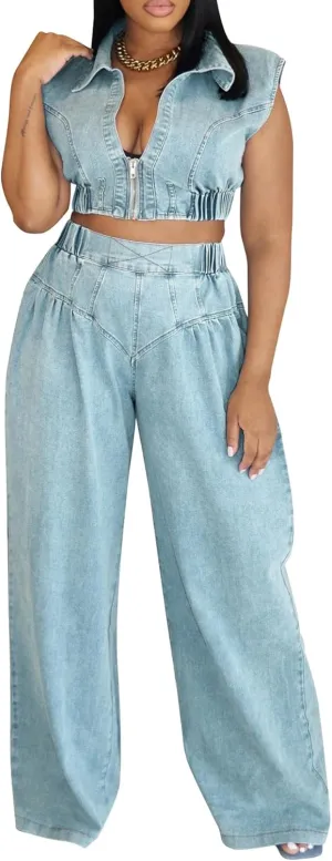 Women's Two Piece Denim Outfits Sleeveless Zipper Jean Jacket High Waisted Jeans Set Streetwear