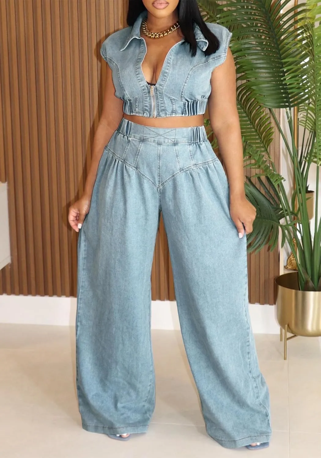 Women's Two Piece Denim Outfits Sleeveless Zipper Jean Jacket High Waisted Jeans Set Streetwear
