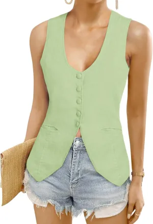 Womens Vest Top Trendy V Neck Summer Sleeveless Blazer Vest Waistcoat Linen Cotton Tank Tops 2025