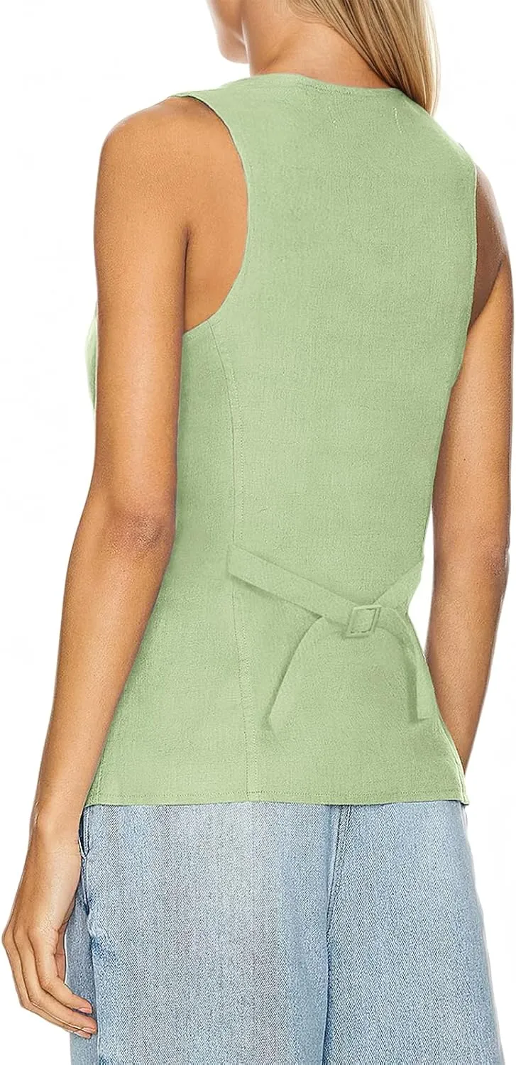 Womens Vest Top Trendy V Neck Summer Sleeveless Blazer Vest Waistcoat Linen Cotton Tank Tops 2025