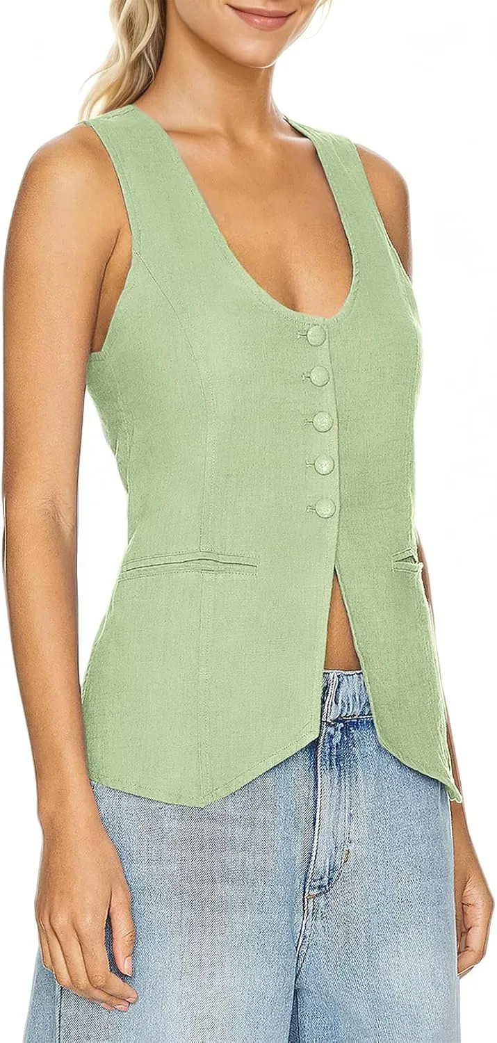 Womens Vest Top Trendy V Neck Summer Sleeveless Blazer Vest Waistcoat Linen Cotton Tank Tops 2025